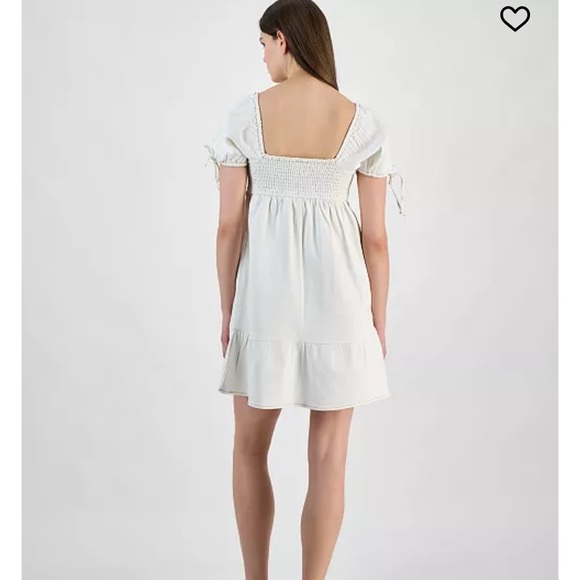 Planet Heart Chic White Puff Sleeve Off White with Brown Stitching Mini Dress - Picture 2 of 2